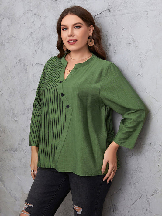 Plus Size Round Neck Solid Color Striped Long Sleeve Top - Premium  from kakaclo - Just $37.41! Shop now at Nick's Bay Company