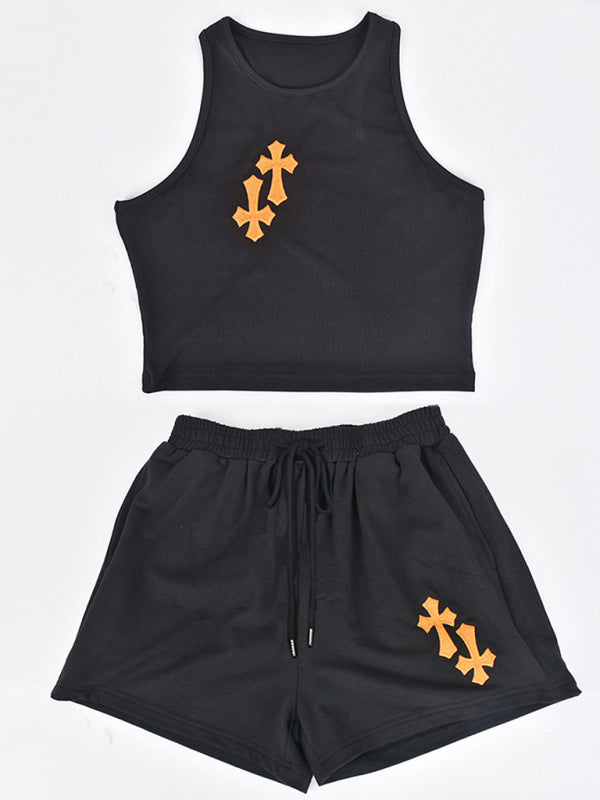Women's Cross-embroidered Crop Top And Matching Shorts Set