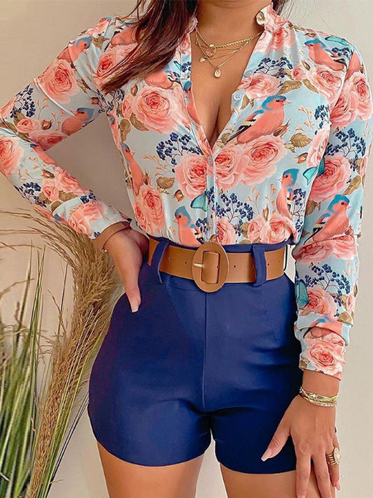 Women's Printed Stand Collar V-neck Long Sleeve Shirt Top With Belted Shorts Set