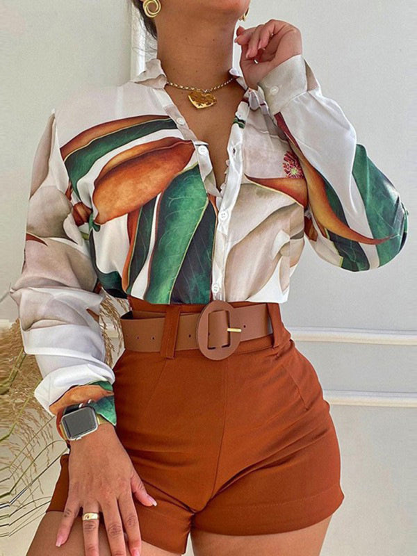 Women's Printed Stand Collar V-neck Long Sleeve Shirt Top With Belted Shorts Set