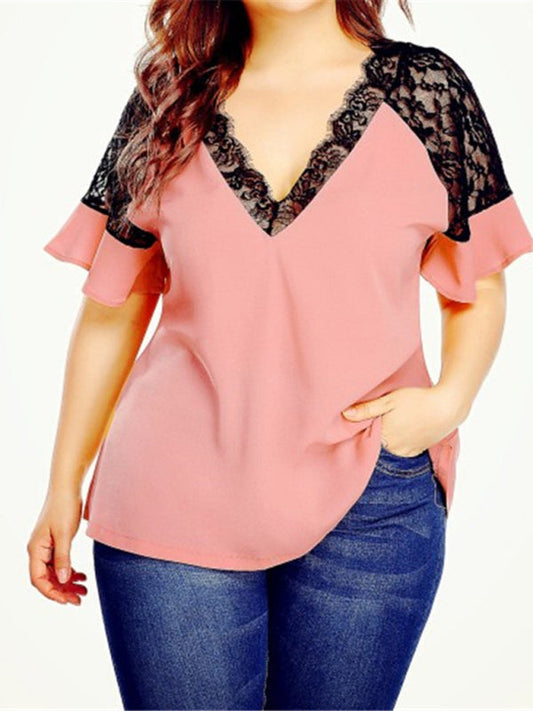 V-neck Short-sleeve Stitching Lace Solid Color Top - Premium  from kakaclo - Just $36.00! Shop now at Nick's Bay Company