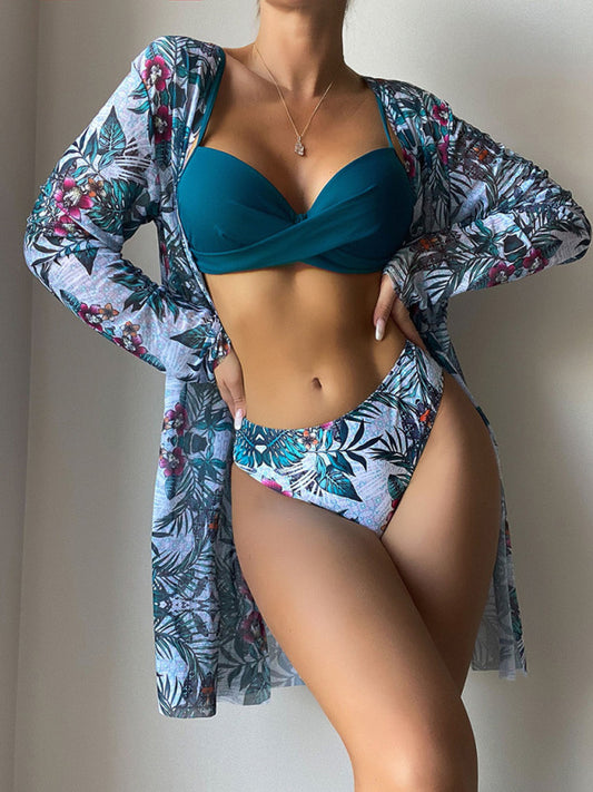 Women's High Waist Printed Three Piece Bikini With Mesh Cape Split Cover-up - Premium  from kakaclo - Just $37.82! Shop now at Nick's Bay Company
