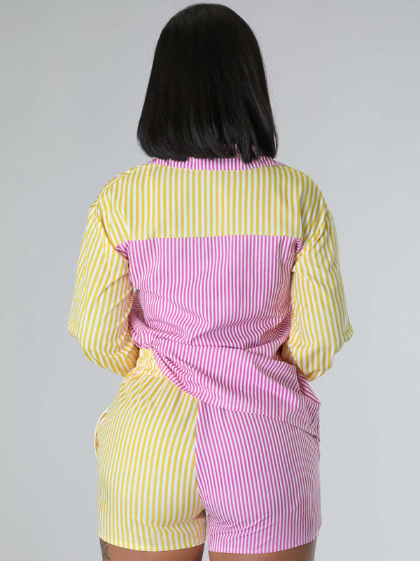Women's Contrast Stripe Long Sleeve Shirt Top And Matching Shorts