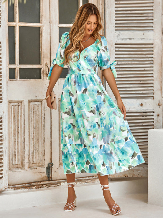 Women's Casual Print Waist Puff Sleeve V-neck Long Dress - Premium  from kakaclo - Just $46.69! Shop now at Nick's Bay Company